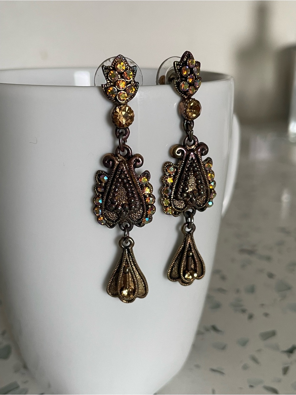 Antique Inspired Gold-Tone Dangle Earrings with Amber Crystal Accents